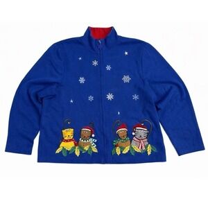 Onque Casuals Holiday Cat Zip Sweatshirt Womens XL Blue Christmas Embroidered